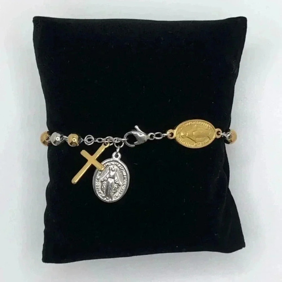 Pretty Silver & Gold Tone Stainless Steel Rosary Bracelet NWT - Picture 1 of 3